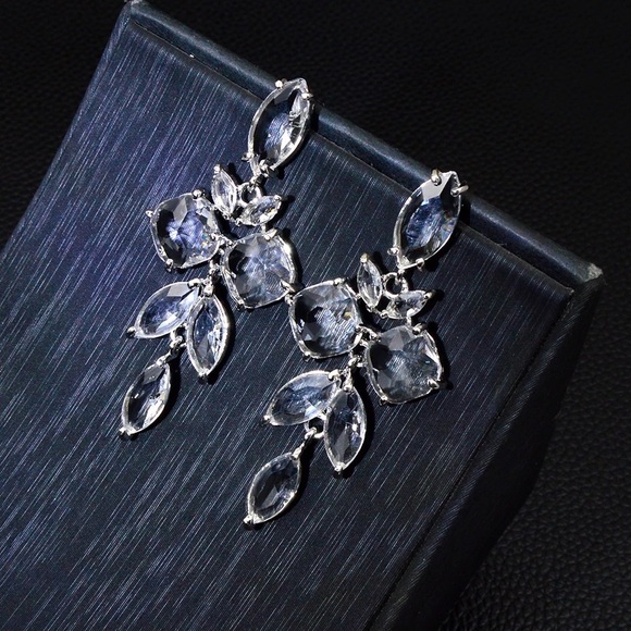 Anthro Crystal Large Leaf Shaped Dangle Drop Earrings Clear Long - Picture 7 of 11